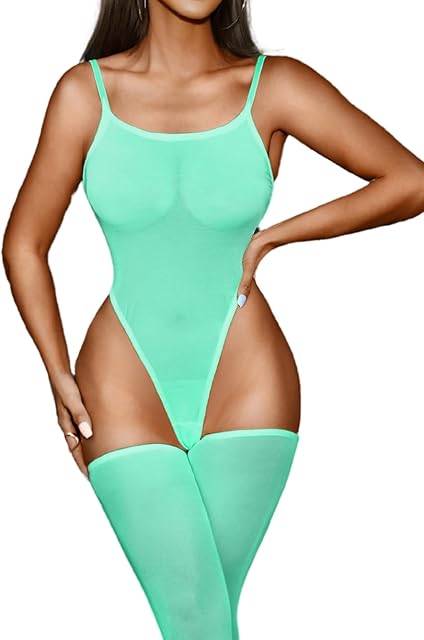 High Cut Bodysuit & Thigh High,Sheer Mesh Spaghetti Strap Sexy Tops Women,Low Back Snap Body Suit Rave Festival Club
