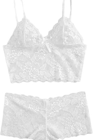 Women Sexy Lace Pajamas 2 Piece Lingerie Set High Waist Sleepwear Sheer Bra and Panty Babydoll Outfits Bralette Set