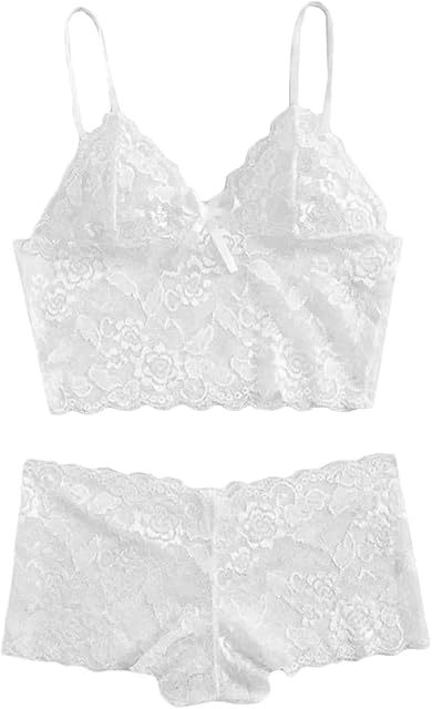 Women Sexy Lace Pajamas 2 Piece Lingerie Set High Waist Sleepwear Sheer Bra and Panty Babydoll Outfits Bralette Set