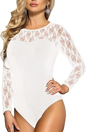 Women Plus Size Floral Lace Long Sleeve Bodysuit Crew Neck Basic Bodysuit Top