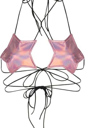 Women Shiny Metallic Star Strappy Tube Top Halter Rave Wrap Around Bandeau Bra