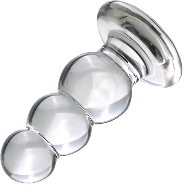 Glass Penis Pleasure Wand Anal Plug, Beads Transparent Crystal Butt Plug with Flared Base Adult Sex Toy