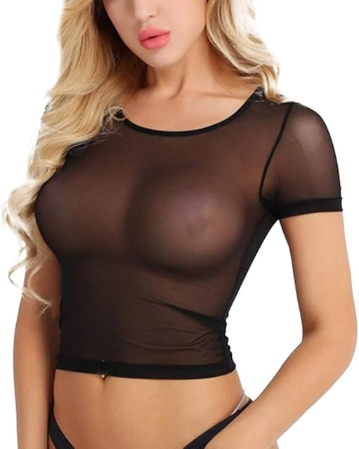 Women Sheer Crop Tops Short Sleeve Mesh Lace Lingerie See Through Crewneck Naughty Outfits Slutty Sexy Teddy Babydoll