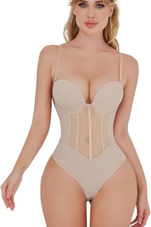 Women Black Bodysuit Sexy Tummy Control Teddy Shapewear Bodysuit Mesh Backless Bodyshaper Corset