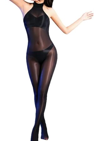 Women's Oil Shiny Bodystocking Women Sexy Neck-Hanging Sheer Full Body Stockings Shiny Pantyhose