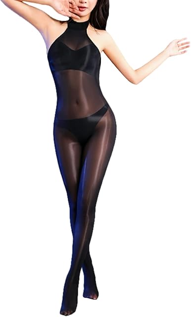 Women's Oil Shiny Bodystocking Women Sexy Neck-Hanging Sheer Full Body Stockings Shiny Pantyhose