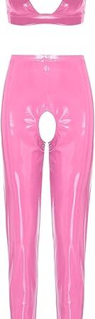 Women's Vinyl PVC Leather Wet Look Bra Top Crop Top with Leggings Pants Bikini Lingerie Set