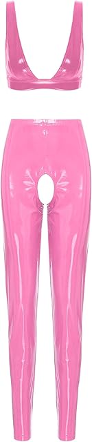 Women's Vinyl PVC Leather Wet Look Bra Top Crop Top with Leggings Pants Bikini Lingerie Set