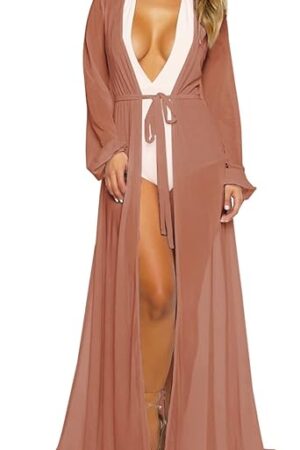 Women's Long Sleeve Flowy Maxi Swimsuit Tie Front Robe Cover Up
