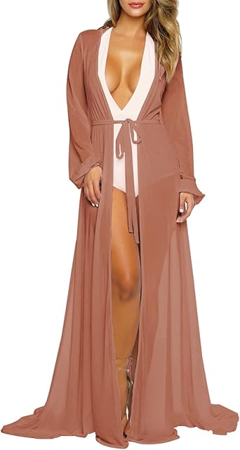 Women's Long Sleeve Flowy Maxi Swimsuit Tie Front Robe Cover Up