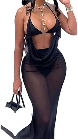 Women Sexy Halter Backless Dress 3 Pieces Sheer Club Bodycon Summer Beach Cover Ups