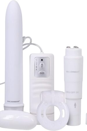 Doc Johnson White Nights - Pleasure Kit - 7 Inch Vibe, Bullet Vibe, Pocket Rocket, Vibrating C-Ring - White