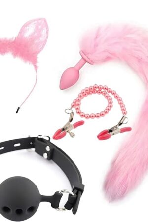 Fox Tail Anal Plug Cosplay Set for Adults - Soft Flexible Adult Role Play Costume Accessories with Adjustable Base Fantasy Anal Sex Toys for Couples (Pink)