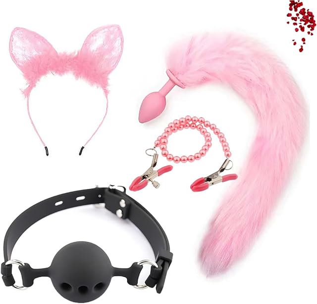 Fox Tail Anal Plug Cosplay Set for Adults - Soft Flexible Adult Role Play Costume Accessories with Adjustable Base Fantasy Anal Sex Toys for Couples (Pink)