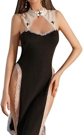 Anime Lingerie Sexy Nun Cosplay Costume Halloween Devil Roleplay Maid Outfit Lace Babydoll Chemise High Slit Dress Up
