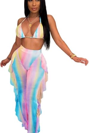 Women's Jumpsuit Beach Swimsuit Mesh Cover Up See Through Two Piece Outfits Clubwear with Briefs