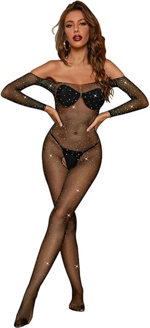 Women's Lingerie Fishnet Bodysuit Sparkly Rhinestone Sexy Mesh Teddy Lingerie Glitter Crystal Stocking