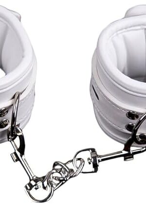 BDSM White Bondage Handcuffs Adjustable Soft Leather White Erotic Handcuffs with Carabiner Bed Bondage Restraints Sex Toy for Women Men Couples
