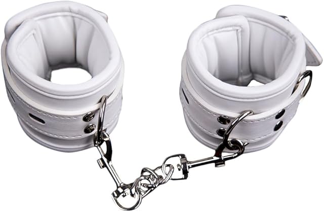 BDSM White Bondage Handcuffs Adjustable Soft Leather White Erotic Handcuffs with Carabiner Bed Bondage Restraints Sex Toy for Women Men Couples