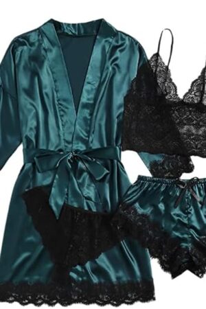 Womens Silk Pajamas Robes Set 4PACKS Sexy Pjs Cami Shorts Satin Sleepwear Lace Loungewear (Dark Green, X-large)