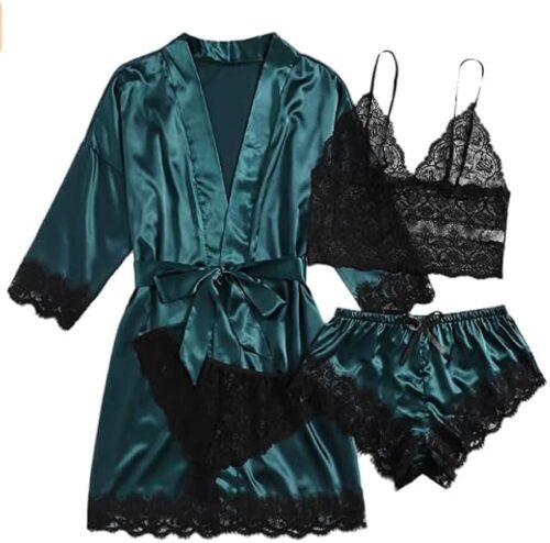 Womens Silk Pajamas Robes Set 4PACKS Sexy Pjs Cami Shorts Satin Sleepwear Lace Loungewear (Dark Green, X-large)