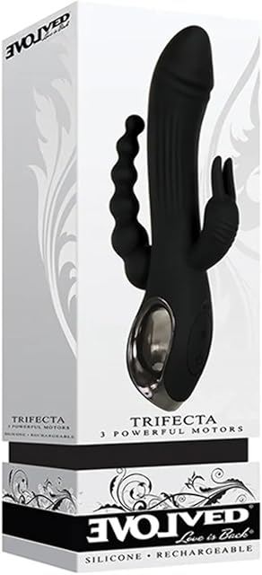 Evolved Love Is Back - Trifecta - 3 Powerful Motors - Rechargeable Silicone Rabbit-Style Triple Stimulator - Anal, Vaginal & Clitoral - Black