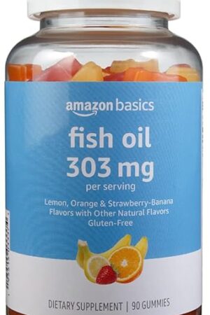 Amazon Basics Fish Oil 303 mg, Lemon, Orange & Strawberry-Banana flavors, 90 Gummies (2 per Serving), EPA and DHA Omega-3 fatty acids (Previously Solimo)