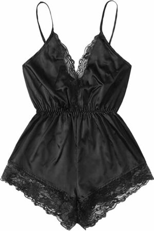 Women's Sexy Satin Lingerie One Piece V Neck Lace Trim Babydoll Camisole Teddy Bodysuit Sleeveless Backless Sleepwear