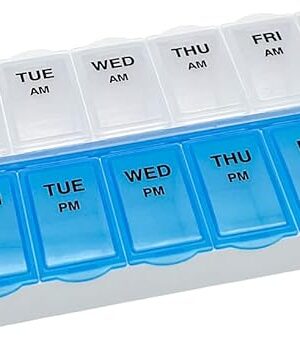 Amazon Basic Care (7-Day) AM/PM Pill Organizer, Vitamin Case, And Medicine Box, Large Compartments, 2 Times a Day, Blue and Clear Lids