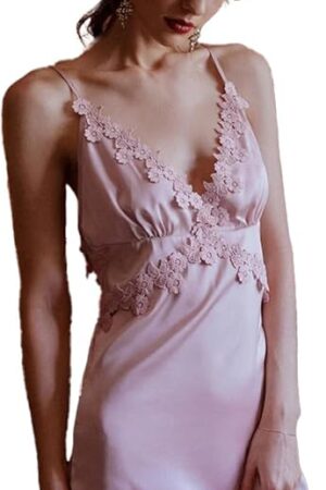 Backless Silk Nightgown for Women  100% 22 Momme Mulberry Silk, V Neck Lingerie Sleepwear with Lace & Tie