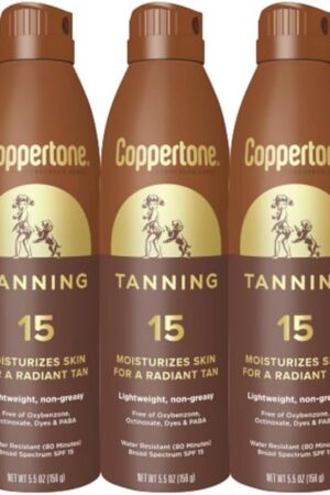 Coppertone Tanning Sunscreen Spray with Broad Spectrum SPF 15, Water Resistant Spray Sunscreen, Lightweight and Non-Greasy, 55 Oz, Pack of 3