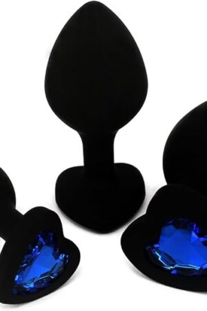 Anal Sex Trainer 3PCS Kit Heart Silicone Jeweled Butt Plugs (Black)