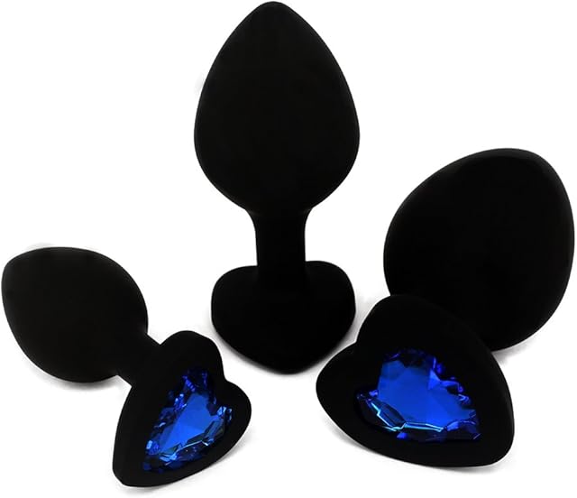 Anal Sex Trainer 3PCS Kit Heart Silicone Jeweled Butt Plugs (Black)
