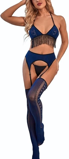 Womens 3pc Sexy Halter BodyStocking Tassel Fringe Lingerie Set with Suspender Garter Belt Bra Bodysuit Nightwear 4 Pieces Playsuit Mesh Stockings Bikini Tie Neck Navy Blue