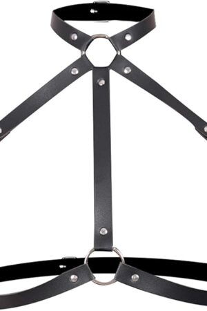 Women's Leather Bra Body Harness Rave Tops for Women Sexy Leather Bra Halter Strap Outfit Crop Tops Adjustable Buckle Punk Lingerie Costume Black