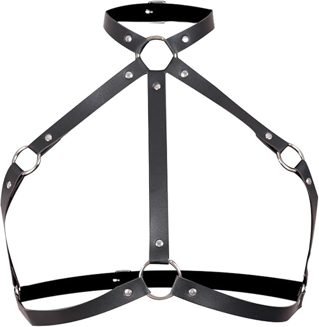 Women's Leather Bra Body Harness Rave Tops for Women Sexy Leather Bra Halter Strap Outfit Crop Tops Adjustable Buckle Punk Lingerie Costume Black