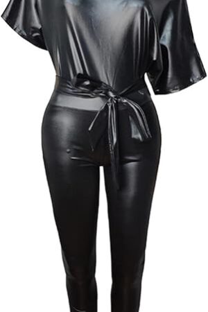 Women's Faux Leather Jumpsuits Sexy Off Shoulder Short Sleeve Bodycon Pants Suit One Piece Romper Clubwear with Belt