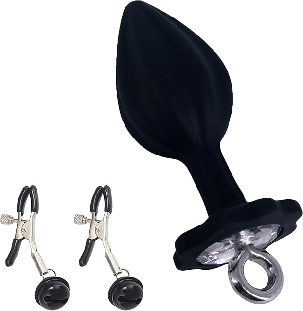 Female Training Nipple Clamps Butt Plug Set Pull Ring Silicone Butt Plug with Luxury Jewelry Base Adjustable Nipple Clamps Anal Sex Toy