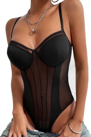 Women's Sheer Mesh Sleeveless See Through Backless Bustier Cami Bodysuit Tops