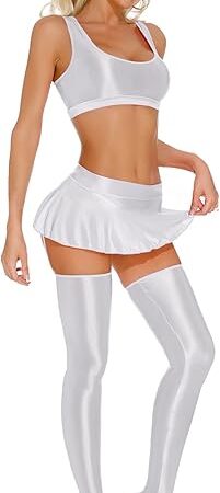 Womens Oil Glossy Athletic Lingerie Set Racer Back Crop Top with Mini Ruched Skirt Stockings