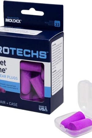 Flents Protechs Foam Ear Plugs, 10 Pair with Case for Sleeping, Snoring, Loud Noise, Traveling, Concerts, Construction, Studying, Work, Shooting, NRR 33, Purple, Disposable, Made in the USA