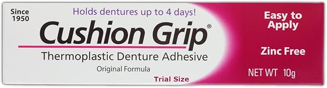 Cushion Grip Thermoplastic Denture Adhesive, 035 oz Travel Size | Refits and Tightens Loose Dentures On The Go | Non-Glue Adhesive, Acts Like a Soft Reliner