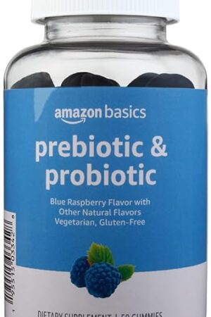 Amazon Brand - Solimo Prebiotic & Probiotic Gummies, 2 Billion CFU, Blue Raspberry, 50 Count (2 per Serving)