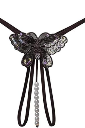 Fashion Women Sexy Underwear Cutout Pendant Pearl Beads Embellished Lace Butterfly G-String Thong Underpants