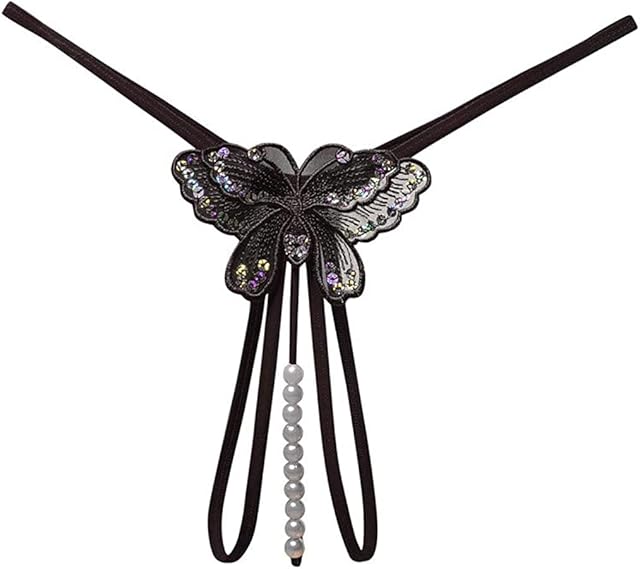 Fashion Women Sexy Underwear Cutout Pendant Pearl Beads Embellished Lace Butterfly G-String Thong Underpants