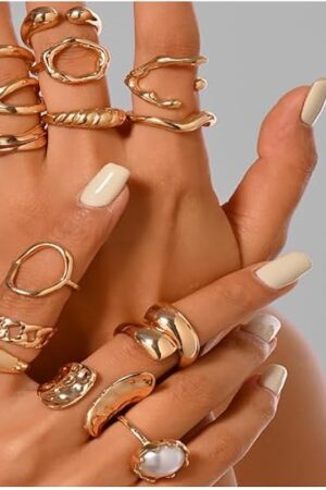 Chunky Gold Stackable Rings Set for Women,14K Gold Plated Chunky Statement Stackable Rings Jewelry Mixed Size
