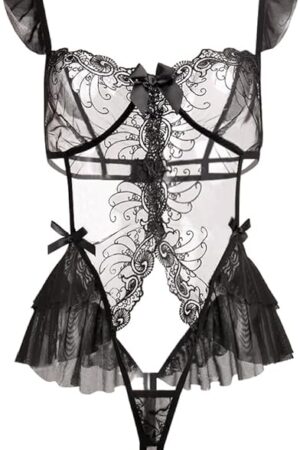 Women Lace Bodysuit Half Cup One Piece Teddy Sexy Strappy Ruffle Lingerie High Cut Floral Babydoll Outfit Nightwear Top