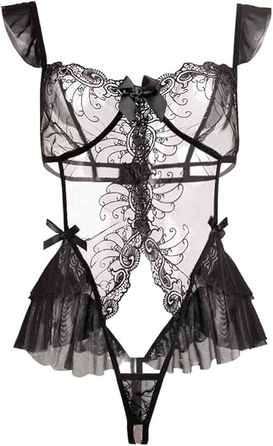 Women Lace Bodysuit Half Cup One Piece Teddy Sexy Strappy Ruffle Lingerie High Cut Floral Babydoll Outfit Nightwear Top