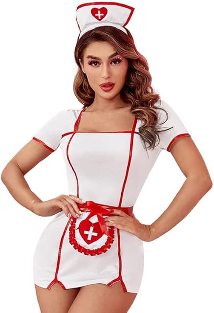 Women's Adult Nurse Costume - Red, One Size - Halloween Cosplay Dress with Nurse Cap
