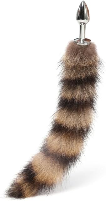 Butt Plug Fox Tail, Brownish Black Artificial Handmade Raccoon Tail,SM Props, Stainless Steel Anal Plug,Female Anal Expander,Cosplay Sex Toys -40 Tail||2.2CM Plugs